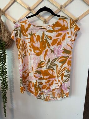 C&C California Top 100% Linen L Pink Orange Tropical Floral